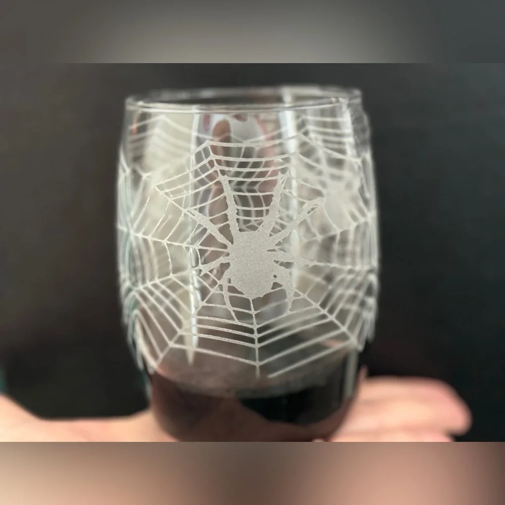 Set of 2 spider Old Fashioned etched glasses